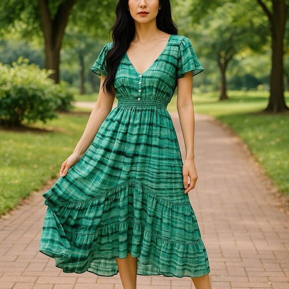 Y2K Tie Dye Print Silk Open Back Midi Dress Babydoll Whimsical Sundress Sz S - Picture 1 of 10